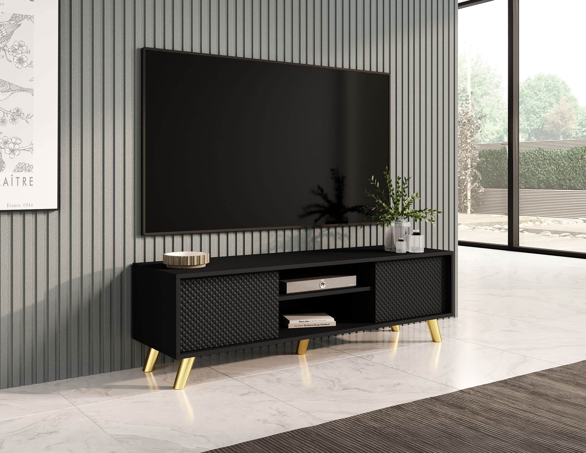 Meuble TV Design moderne avec pieds noirs 140 cm