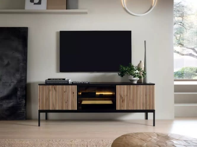 Meuble TV Design moderne avec motif à lattes noir 154 cm