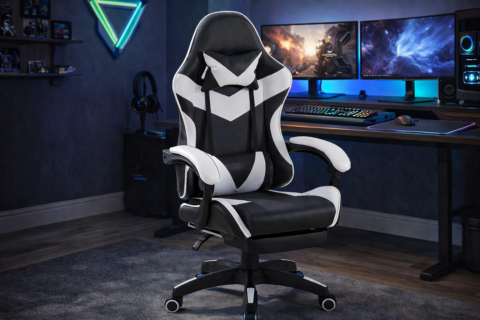 Chaise de bureau ergonomique TM, chaise gaming, noir/blanc, réglable