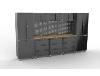 Aménagement d'atelier haut de gamme en noir avec établi et armoires à outils, comprenant 14 pièces