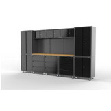 Aménagement d'atelier haut de gamme en noir avec établi et armoires à outils, comprenant 14 pièces