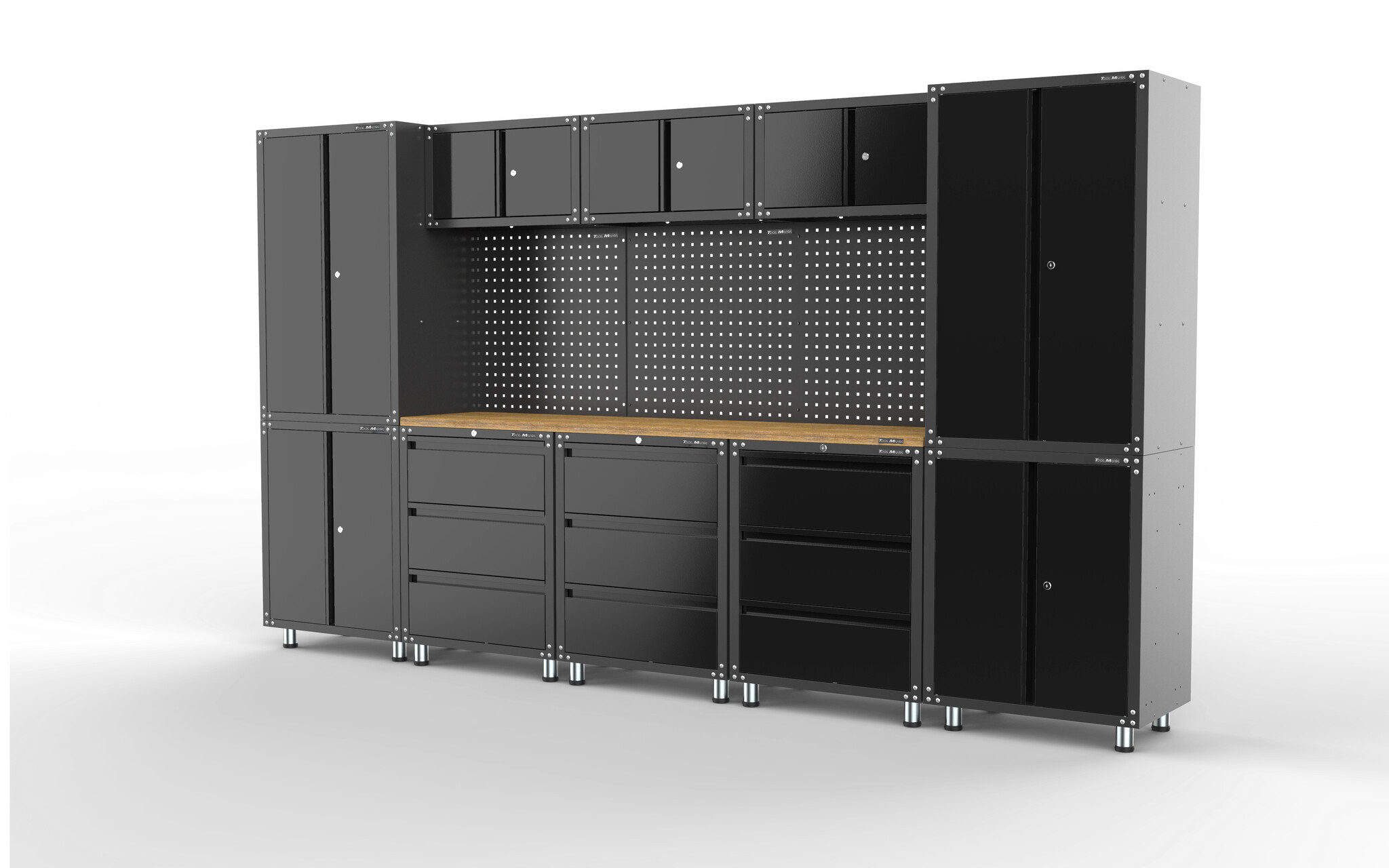 Aménagement d'atelier haut de gamme en noir avec établi et armoires à outils, comprenant 14 pièces