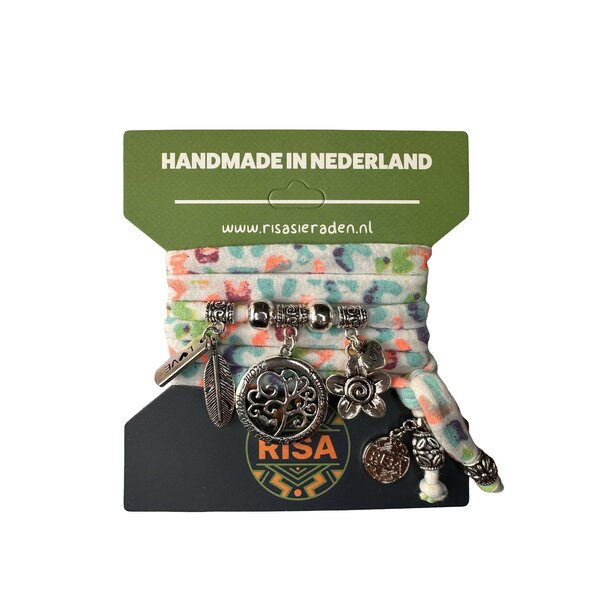 Wikkelarmband Levensboom groot wit met multicolor print - zilver | Risa