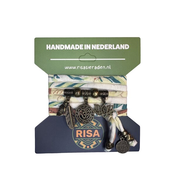 Wikkelarmband Ohm bloemprint blauw-bruin-wit - Brons | Risa