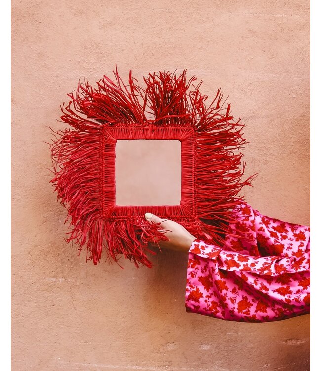 Raffia fringe spiegel vierkant | rood