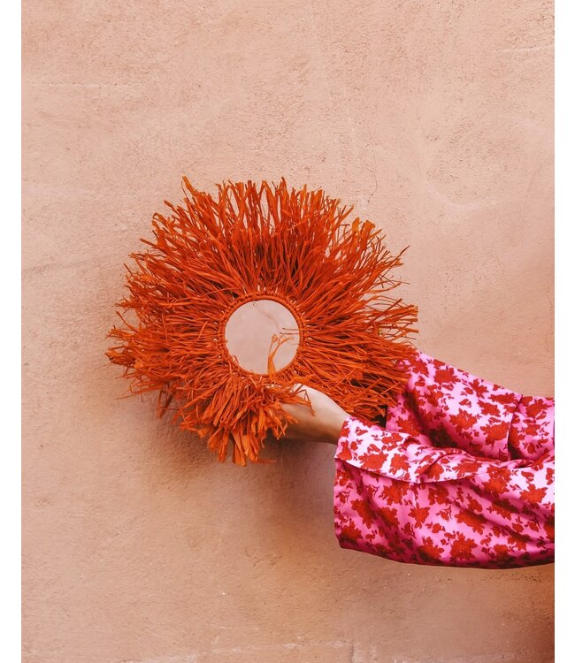 Raffia fringe spiegel rond | oranje