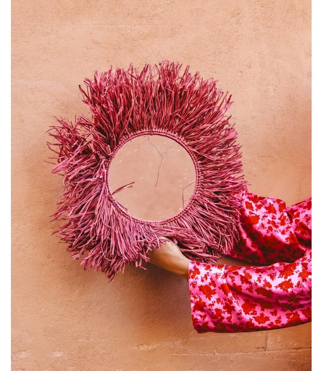 Raffia fringe spiegel rond | fuchsia paars