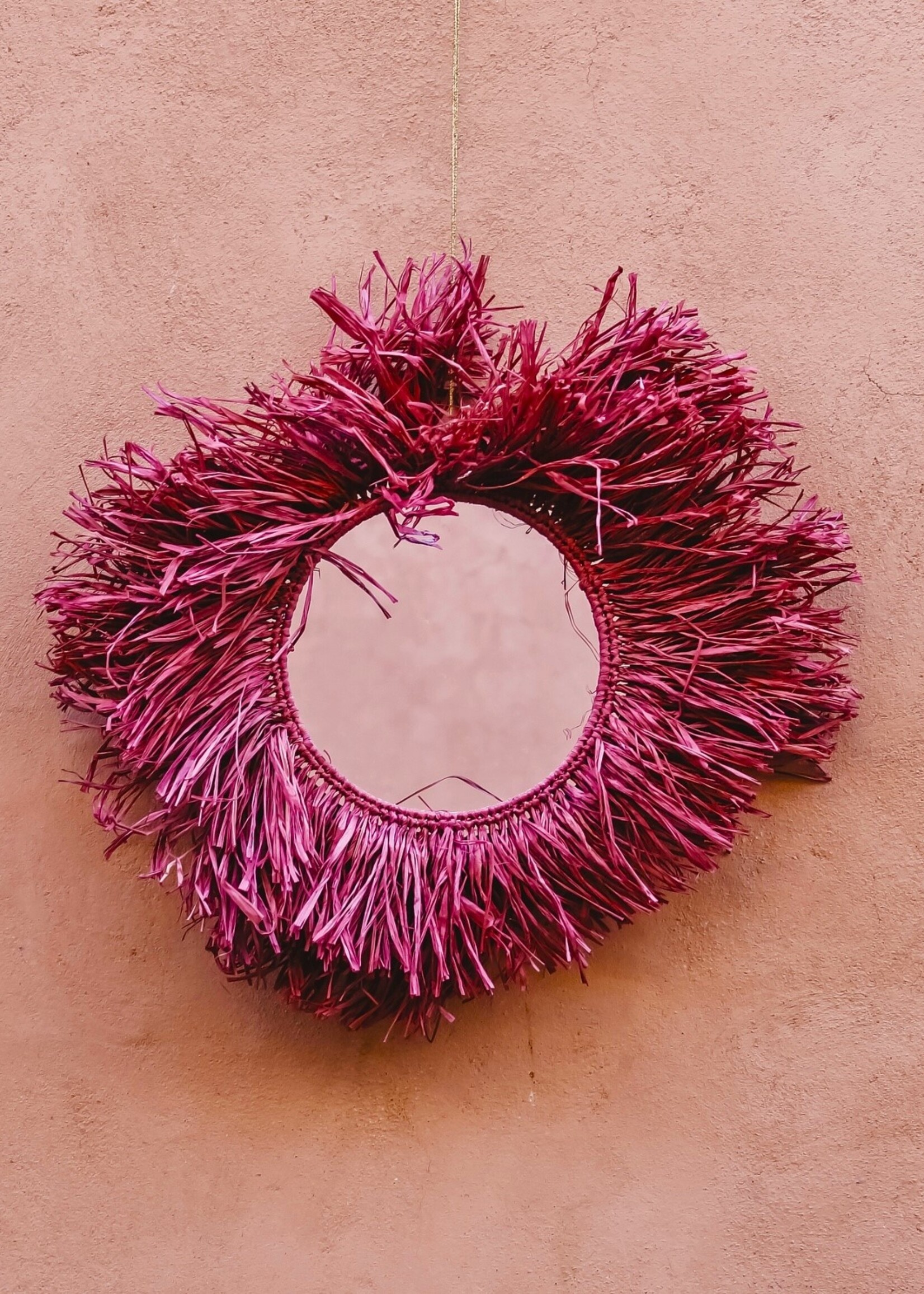 Raffia fringe spiegel rond | fuchsia paars