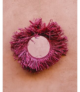 Raffia fringe spiegel rond | fuchsia paars