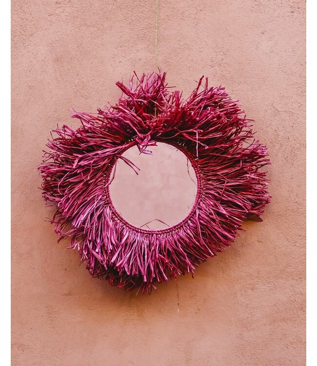 Raffia fringe spiegel rond | fuchsia paars
