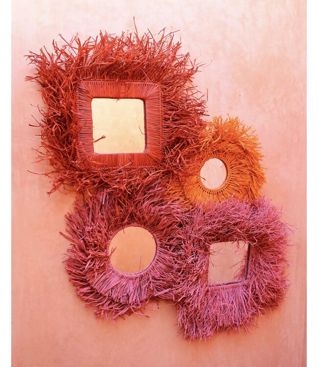 Raffia fringe spiegel rond | paars/roze