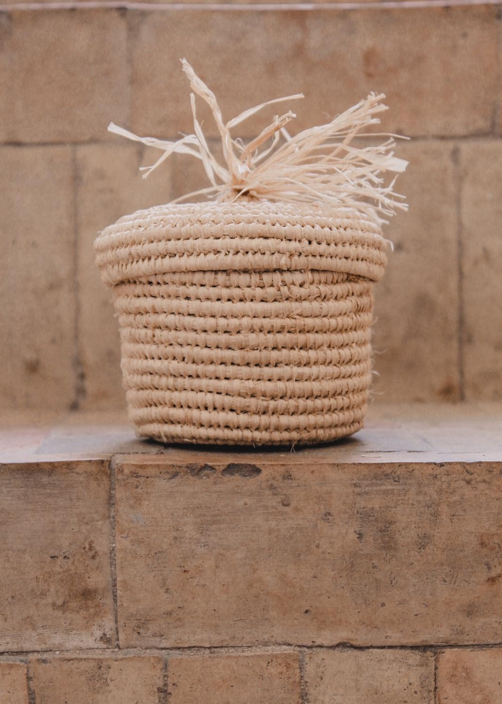 Raffia mandje met deksel en tassel