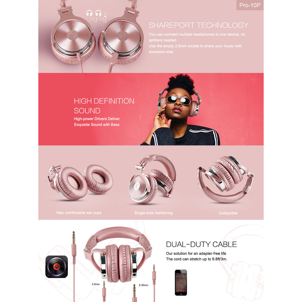 OneOdio - Pro10 Studio - koptelefoon - Music/DJ/Studio (roze)
