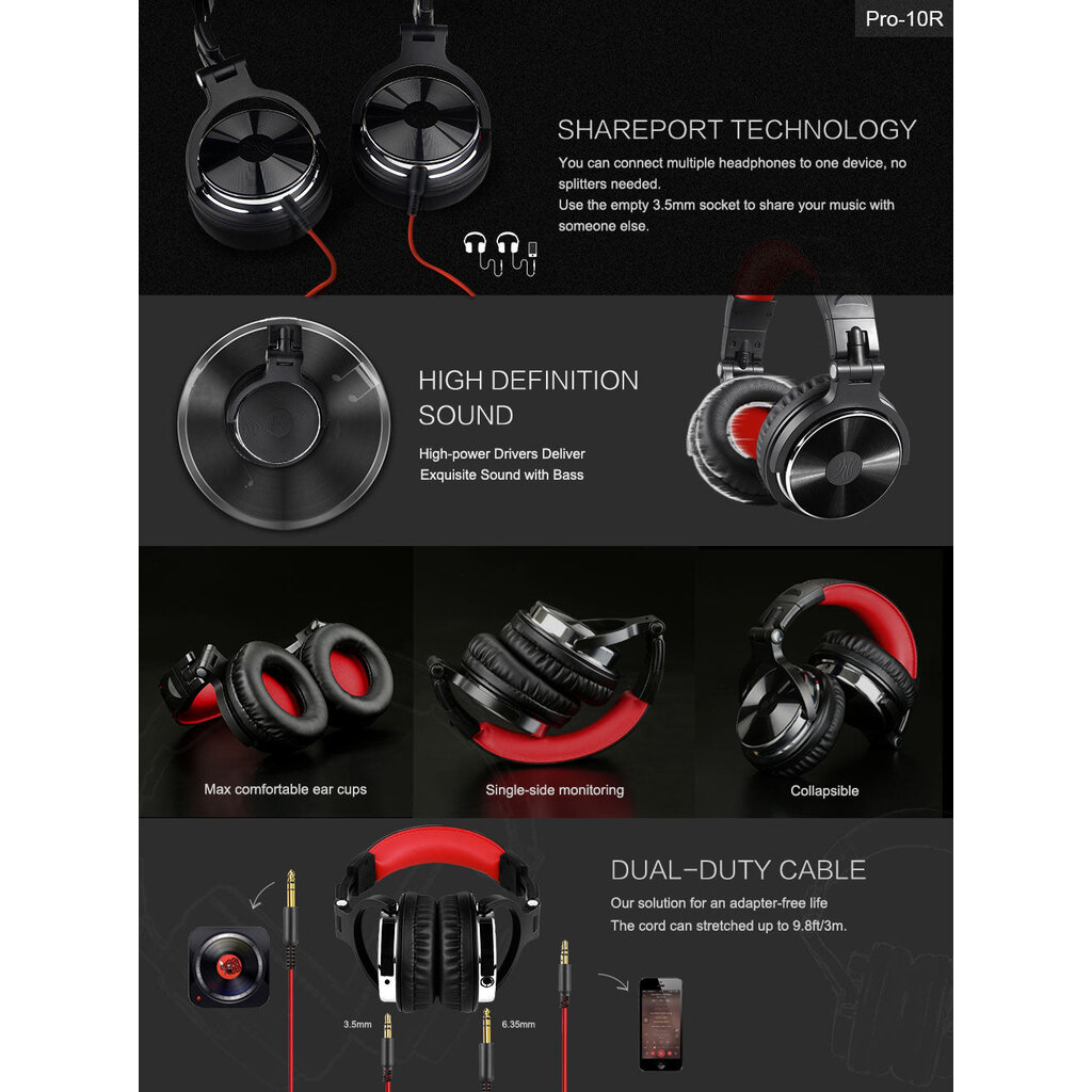 OneOdio - Pro10 Studio - koptelefoon - Music/DJ/Studio (zwart/rood)