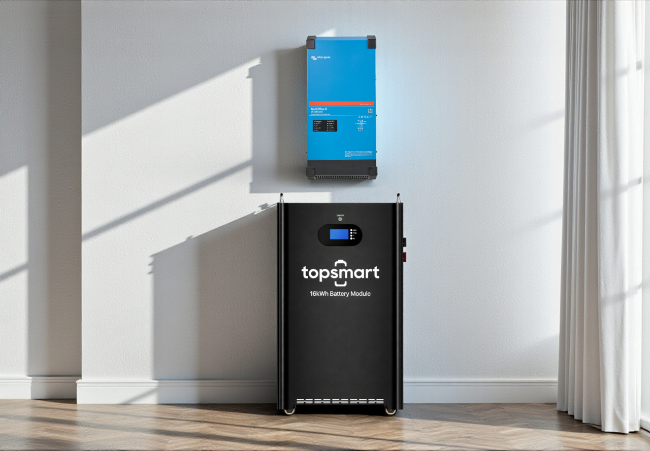 Victron VoltPlus 6,5 kW Victron omvormer met 16 kWh accu Victron VoltPlus 6,5 kW Victron omvormer met 16 kWh accu