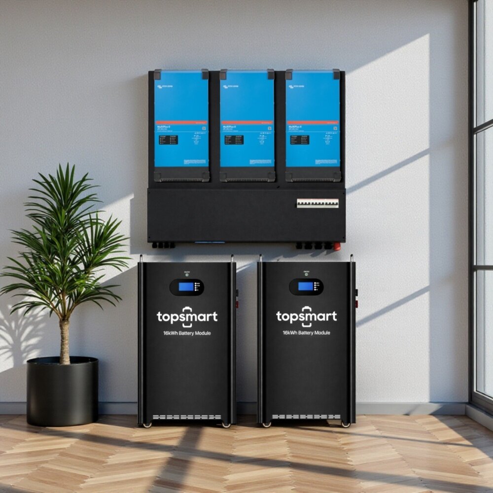 Victron VoltPlus 13,5 kW Victron 3-fase omvormer met 32 kWh accu Victron VoltPlus 13,5 kW Victron 3-fase omvormer met 32 kWh accu