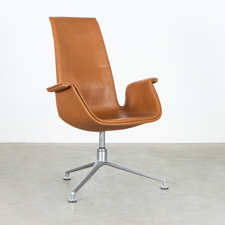 Knoll Set van 6 Fabricius en Kastholm FK Tulip stoelen highback cognac leer Walter Knoll