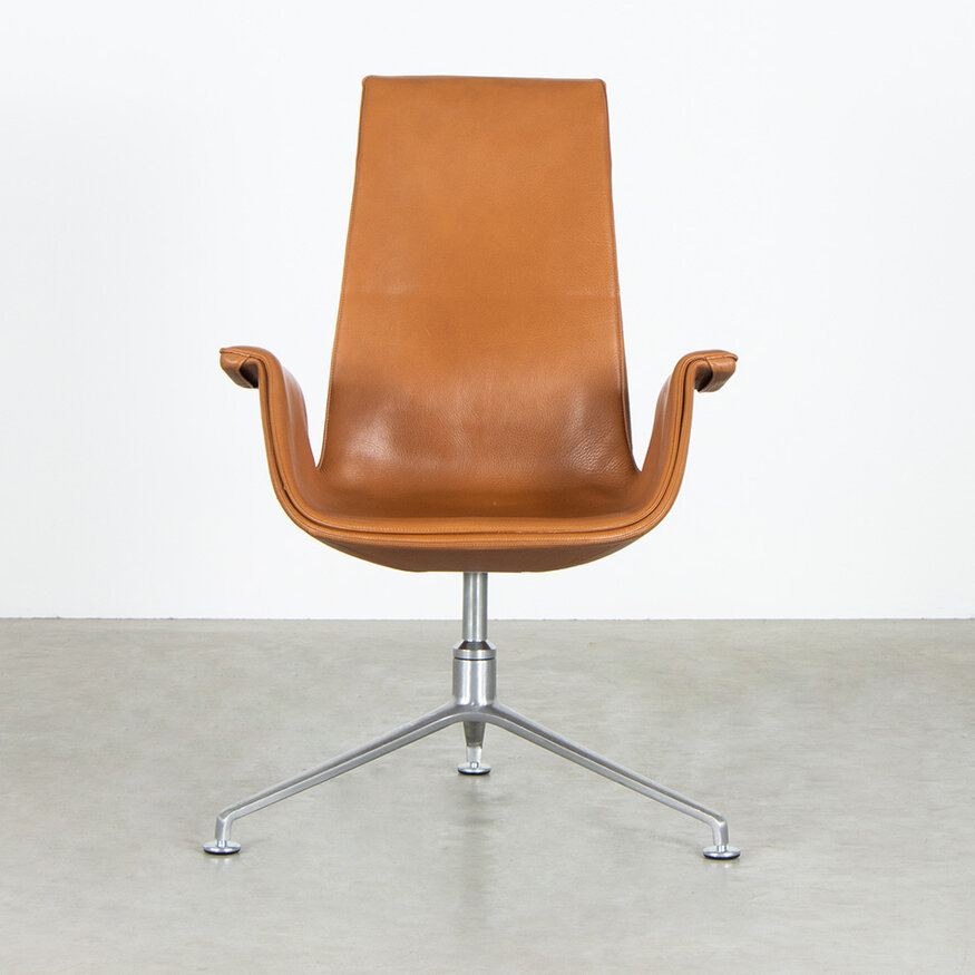 Knoll Set van 6 Fabricius en Kastholm FK Tulip stoelen highback cognac leer Walter Knoll