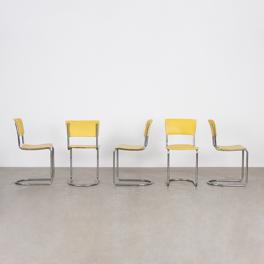 Gispen Set of 5 Gispen 108 yellow leatherette chairs, original from the 1930s