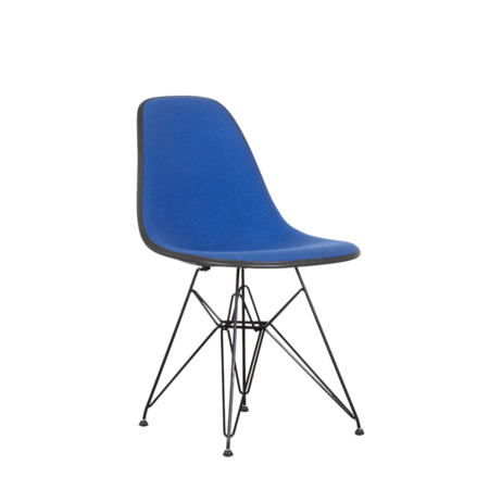 Eames DSR stoel antraciet fiberglass kuip en blauwe hopsak stof Herman Miller