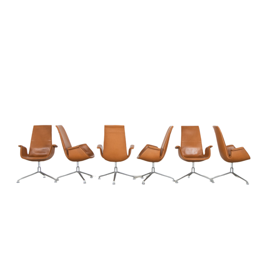 Knoll Set van 6 Fabricius en Kastholm FK Tulip stoelen highback cognac leer Walter Knoll