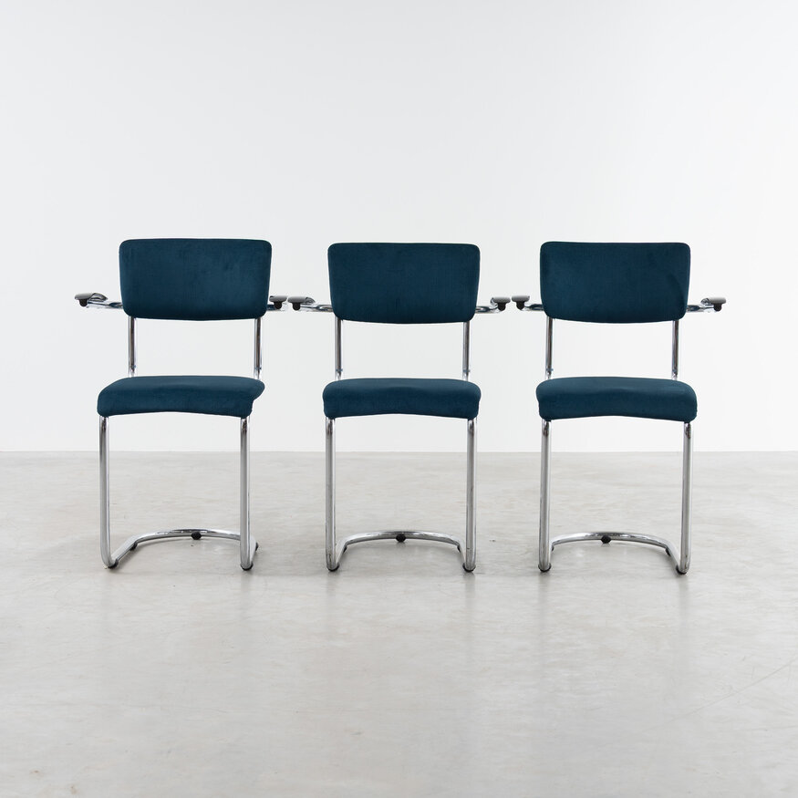 Set of 3 De Wit 1017 chairs rib fabric Petrol De Wit Set of 3 De Wit 1017 chairs rib fabric Petrol