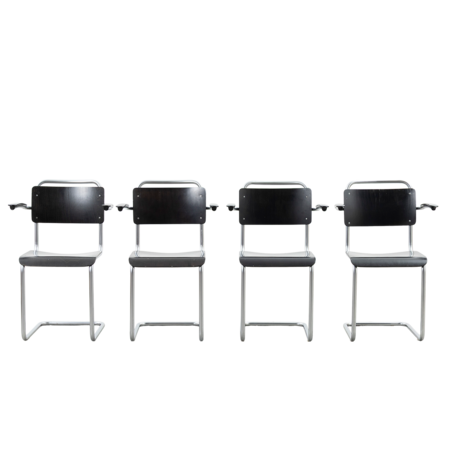 Set of 4 Gispen 201 chairs wood matt chrome frame Dutch Originals