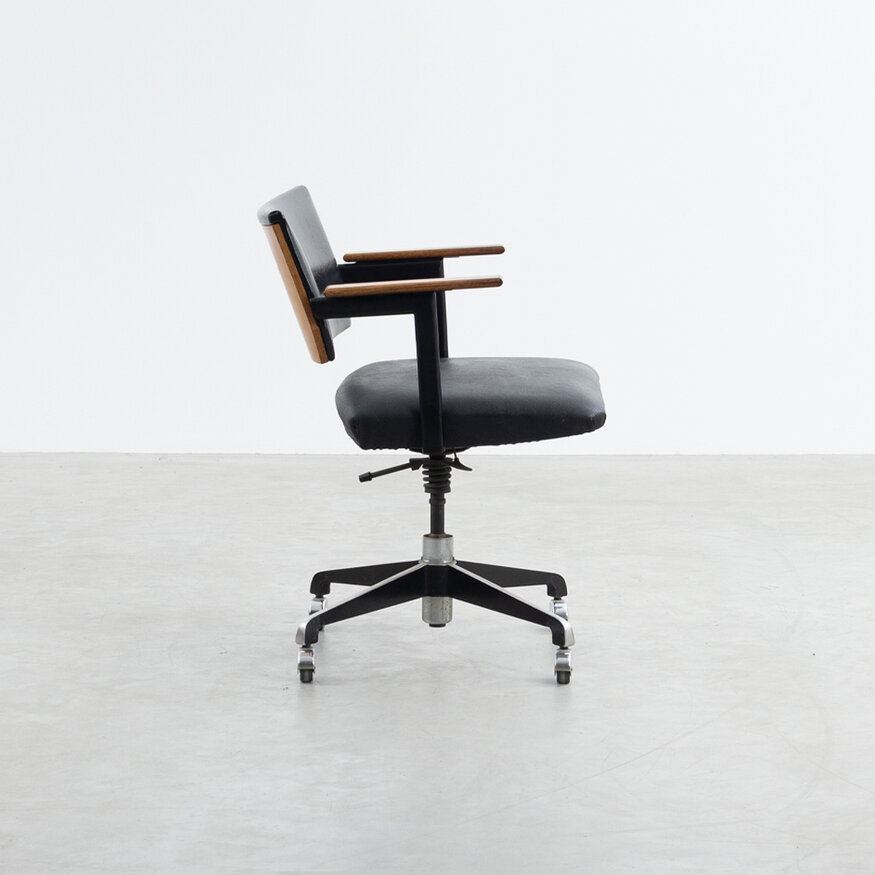 Rare office chair wooden back and skai upholstery 1960s