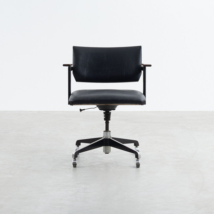 Rare office chair wooden back and skai upholstery 1960s