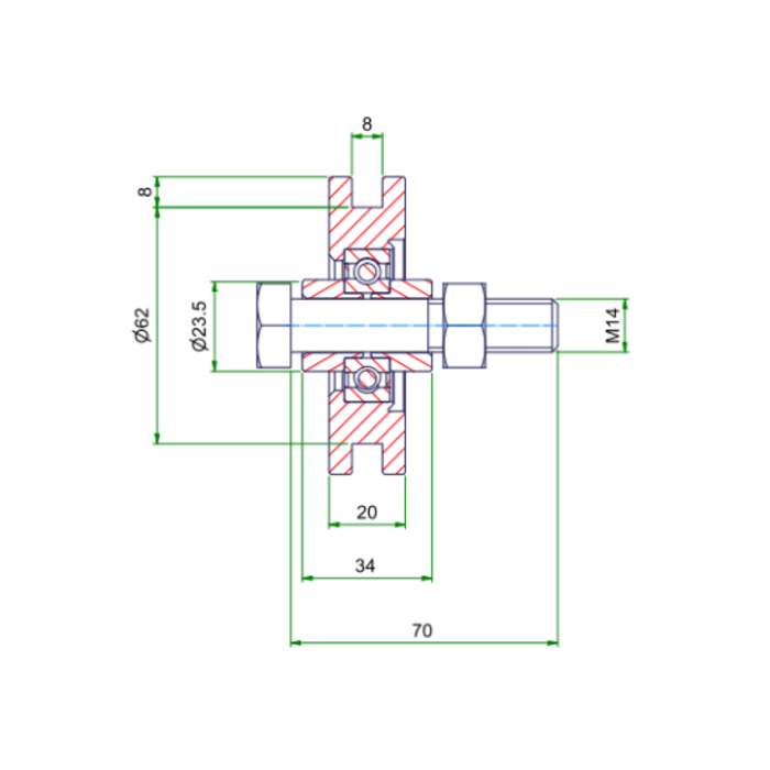 Koło rowkowane 80 mm z kwadratowym rowkiem - 200 kg