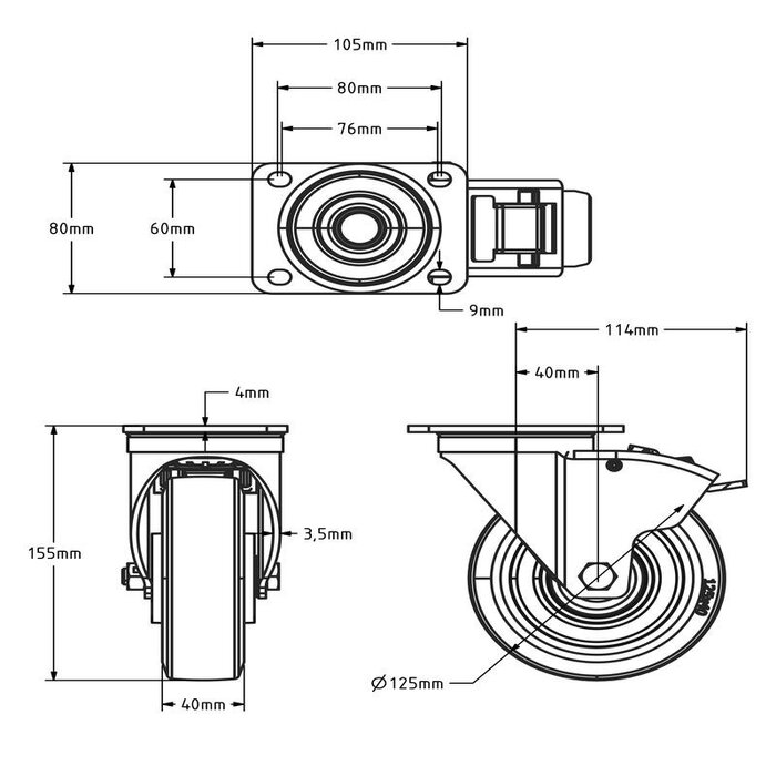 Kółko obrotowe gumowe z hamulcem 125 mm - łożysko kulkowe - 200 kg