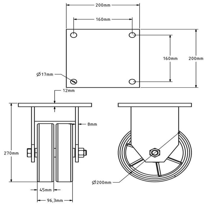 Kółko stałe PU 200 mm - łożysko kulkowe - 2200 kg
