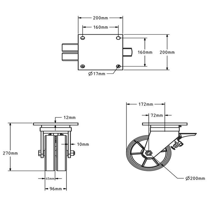 Podwójne kółko obrotowe PU z hamulcem 200 mm - łożysko kulkowe - 2200 kg