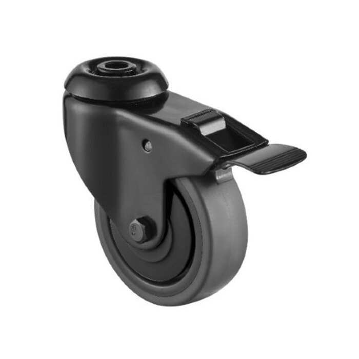 Czarne kółko obrotowe z hamulcem 75 mm - otwór na śrubę - 60 kg
