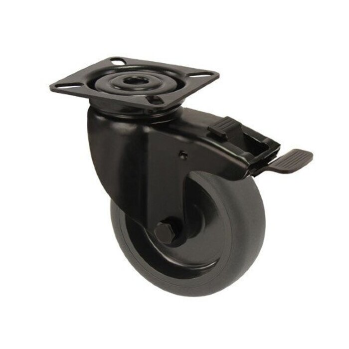 Czarne kółko obrotowe z hamulcem 100 mm - płytka - 80 kg