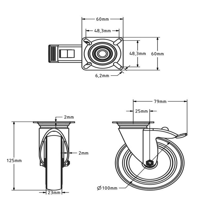 Czarne kółko obrotowe z hamulcem 100 mm - płytka - 80 kg