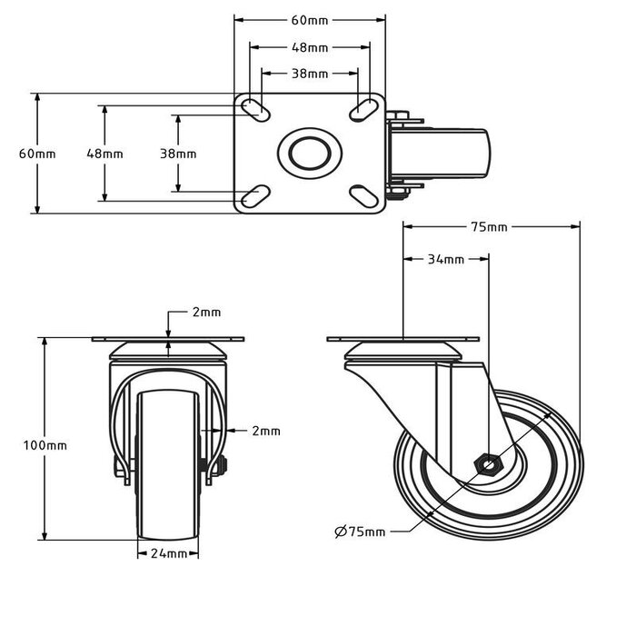 Czarne kółko obrotowe 75 mm - płytka - 60 kg