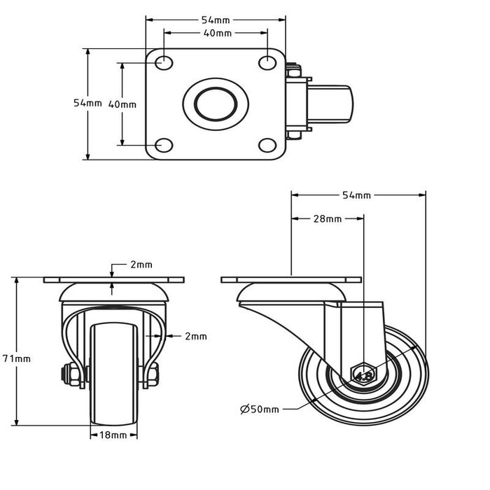 Czarne kółko obrotowe 50 mm - płytka - 40 kg