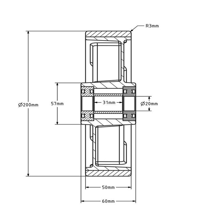 Kóło PU 200 mm - otwór łożyska kulkowego 20 mm - 900 kg