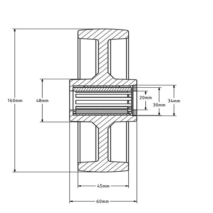 Kółko nylonowe 160 mm - otwór łożyska wałeczkowego 20 mm - 400 kg