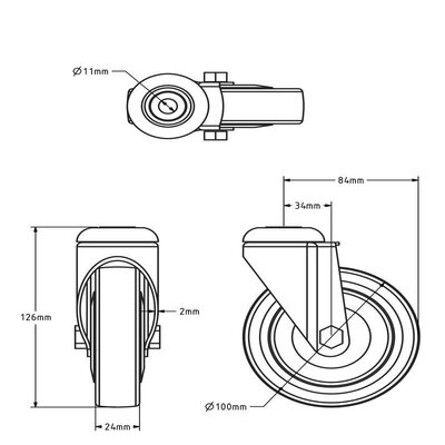 Gumowe kółko obrotowe 100 mm - otwór na śrubę - 80 kg