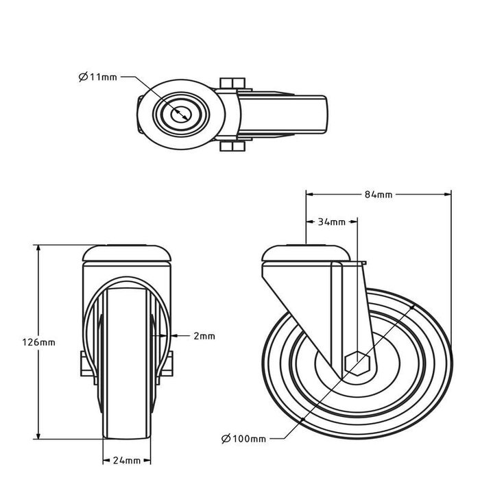 Gumowe kółko obrotowe 100 mm - otwór na śrubę - 80 kg