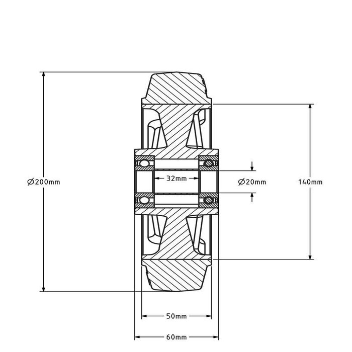 Kółko gumowe 200 mm - otwór łożyska kulkowego 20 mm - 450 kg