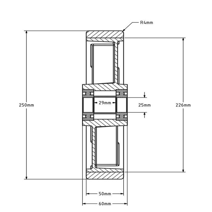 Kóło PU 250 mm - otwór łożyska kulkowego 25 mm - 1000 kg