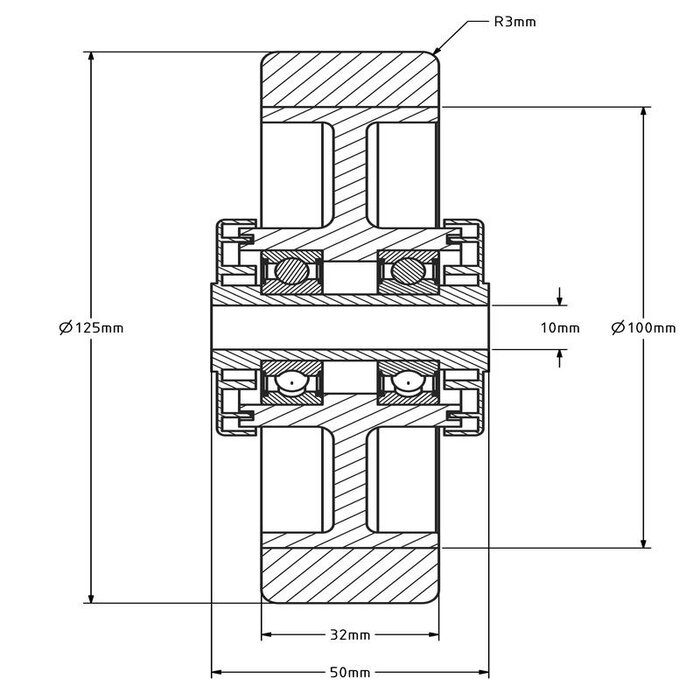 Kółko gumowe 125 mm - otwór łożyska kulkowego 10 mm - 250 kg