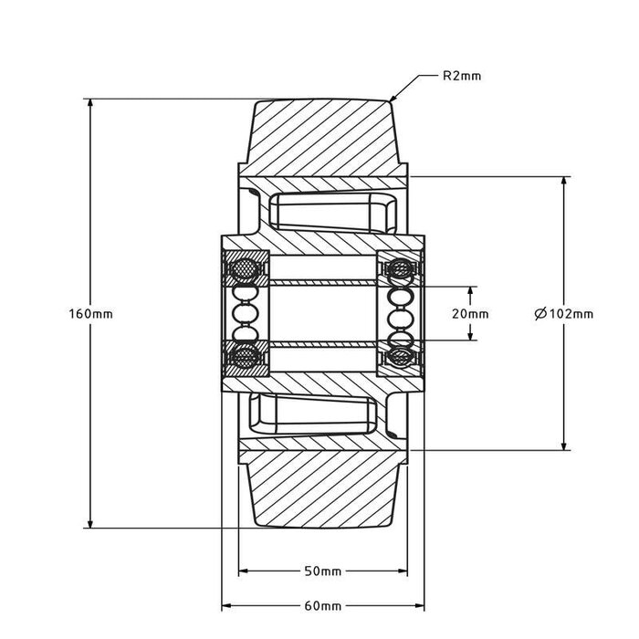 Kółko gumowe 160 mm - otwór łożyska kulkowego 20 mm - 350 kg