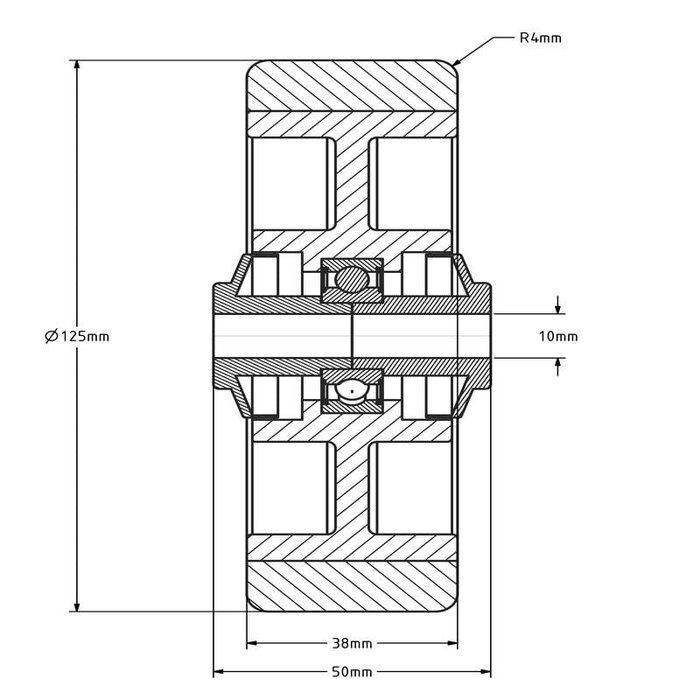 Kółko gumowe 125 mm - otwór łożyska kulkowego 10 mm - 135 kg