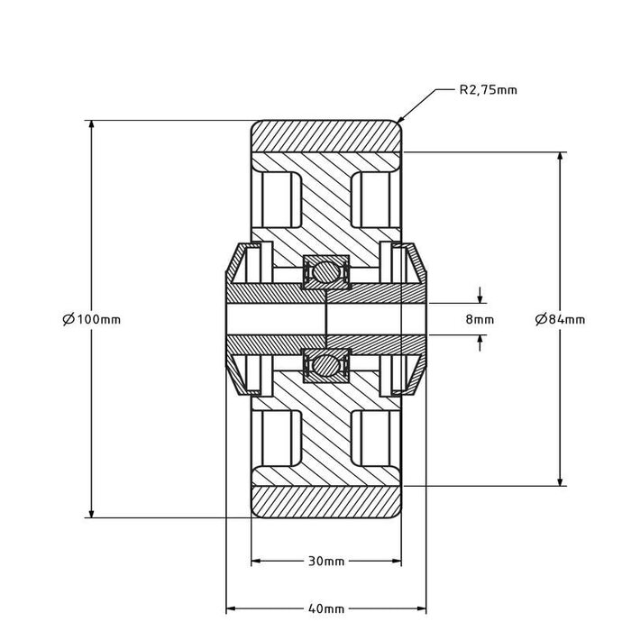 Kółko gumowe 100 mm - otwór łożyska kulkowego 8 mm - 100 kg