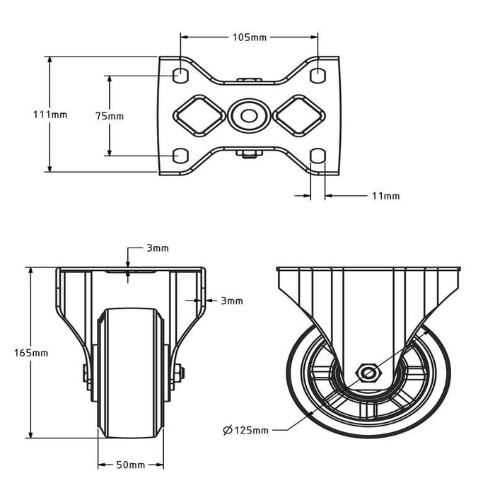 Kółko stałe gumowe 125 mm - łożysko kulkowe - 300 kg
