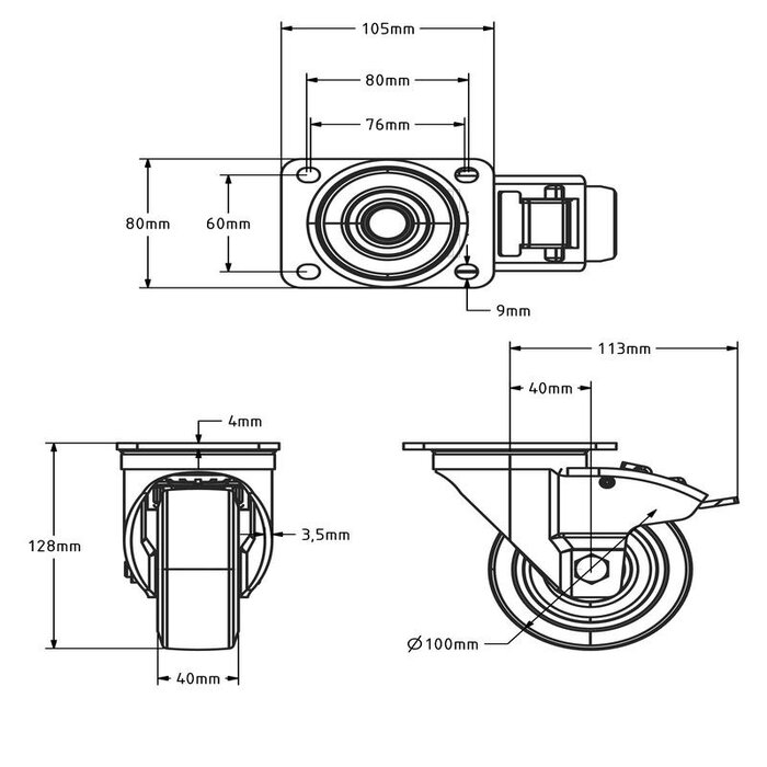 Kółko obrotowe gumowe z hamulcem 100 mm - łożysko kulkowe - 180 kg